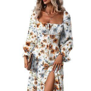Floral Midi Dress Print Side Split Dresses